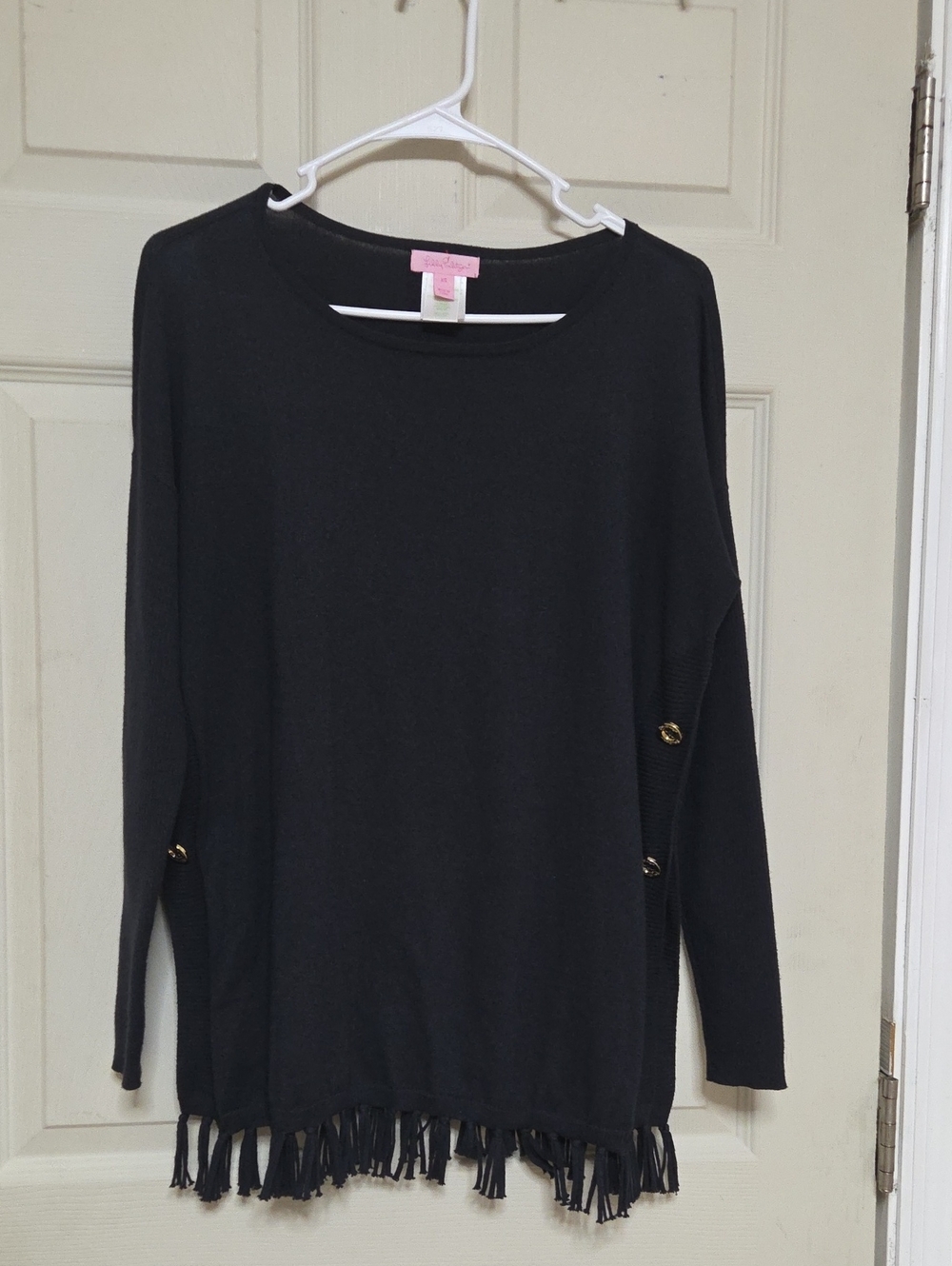 Lilly Pulitzer Ramona Fringe Pullover Sweater Onyx Black Gold Buttons.